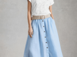 White Stuff Riley Linen Midi Skirt Chambray Blue