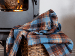 John Hanly Lambswool Throw Blue Rust Navy Cream Plaid 611