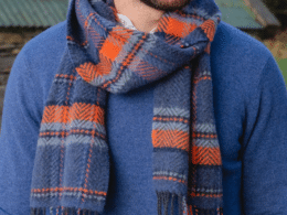 John Hanly Irish Cashmere Merino Scarf Denim Orange Navy Check 2408
