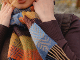 John Hanly Irish Cashmere Merino Scarf Mustard Orange Blue Herringbone Block 2405