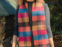 John Hanly Irish Cashmere Merino Scarf Pink Coral Teal Herringbone Block 2407