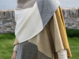 John Hanly Lambswool Cape Mustard White Cream Grey Block Sue 712