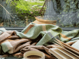 John Hanly Lambswool Throw Green Brown Orange Cream Check 658