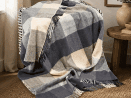 John Hanly Merino Cashmere Throw Cream Grey Large Block Herringbone 1485
