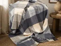 John Hanly Merino Cashmere Throw Cream Grey Large Block Herringbone 1485