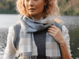 John Hanly Merino Luxury Wool Scarf Blue Grey Stone White Block Check 807