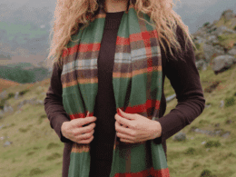 John Hanly Merino Luxury Wool Scarf Green Rust Orange Brown Check 802