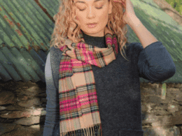 John Hanly Merino Luxury Wool Scarf Pink Brown Charcoal Camel Check 801
