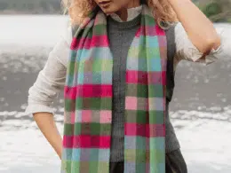 John Hanly Merino Luxury Wool Scarf Pink Raspberry Blue Green Block Check 805