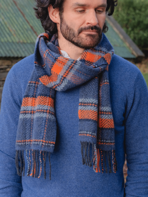 John Hanly Irish Cashmere Merino Scarf Denim Orange Navy Check 2408 - La Vie en Rose Damesmode Enkhuizen (2)
