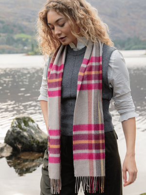John Hanly Irish Cashmere Pink Wine Orange Stone Check 808 (3)