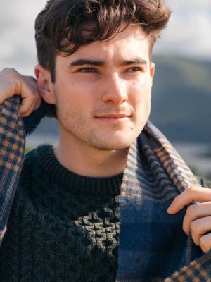 John Hanly Irish Wool Scarf Long 1912 Denim Navy Beige Block Check