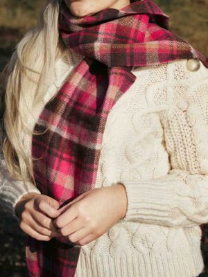 John Hanly Irish Wool Scarf Long 1914 Pink Maroon Check