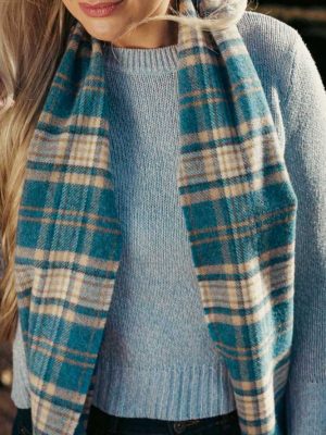 John Hanly Irish Wool Scarf Long 1992 Blue Beige Check