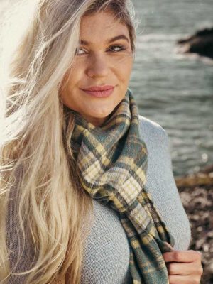 John Hanly Irish Wool Scarf Long 1995 Yellow Green Mix Check