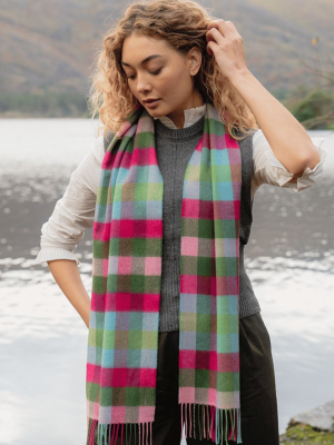 John Hanly Merino Luxury Wool Scarf Pink Raspberry Blue Green Block Check 805 - La Vie en Rose Damesmode Enkhuizen (2)