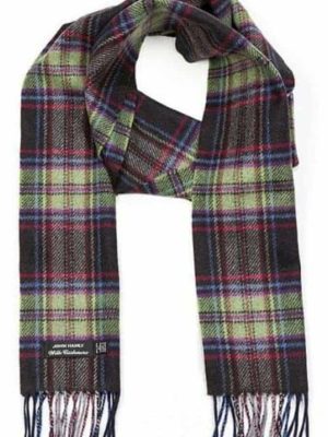 John Hanly Irish Cashmere Wool Scarf Blue Green Grey Check