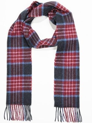 John Hanly Irish Wool Scarf Long Burgundy Denim Navy Plaid