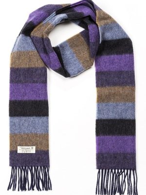 John Hanly Irish Wool Scarf Long Purple Charcoal Blue Tan Stripe