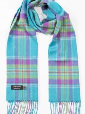 John Hanly Merino Luxury Wool Scarf Aqua Purple Green Plaid