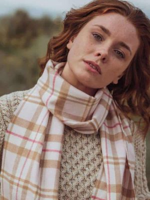 John Hanly Merino Luxury Wool Scarf Baby Pink White Check