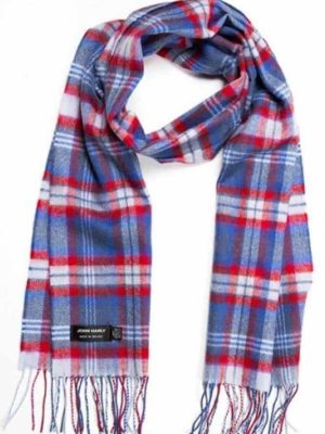 John Hanly Merino Luxury Wool Scarf Blue Red Check