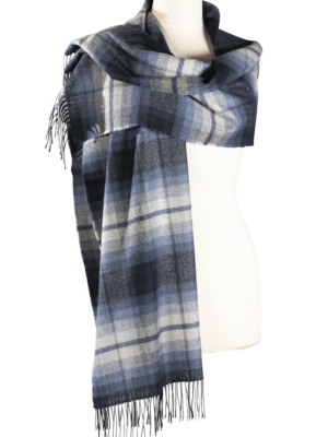 John Hanly Oversized Merino Scarf Silver Blue Navy Plaid