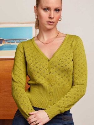 King Louie Cardi V Heart Ajour Spring Yellow - La Vie en Rose Damesmode