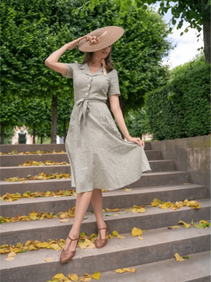 Very Cherry Revers Dress Midi Linen Stripe Olive (3)
