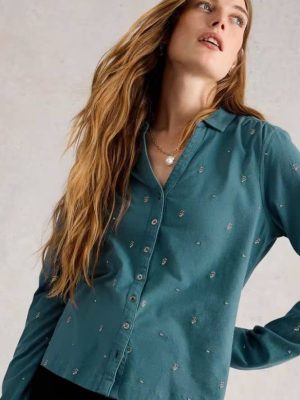 White Stuff Annie Embroidered Jersey Shirt Mid Blue - La Vie en Rose Damesmode