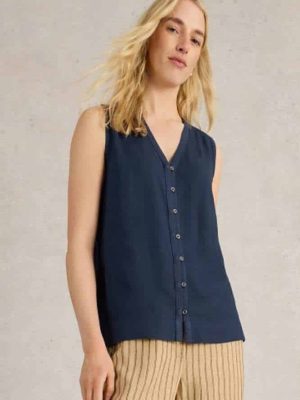 White Stuff Delilah Button Top Dark Navy - La Vie en Rose Damesmode