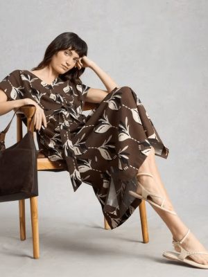 White Stuff Mimi Linen Blend Dress Brown Print