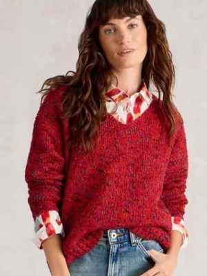 White Stuff Texture V Neck J umper Mid Red - La Vie en Rose Damesmode